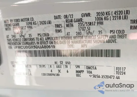 2013 Ford Escape Se from USA, damaged, VIN 1FMCU0GX5DUA80619